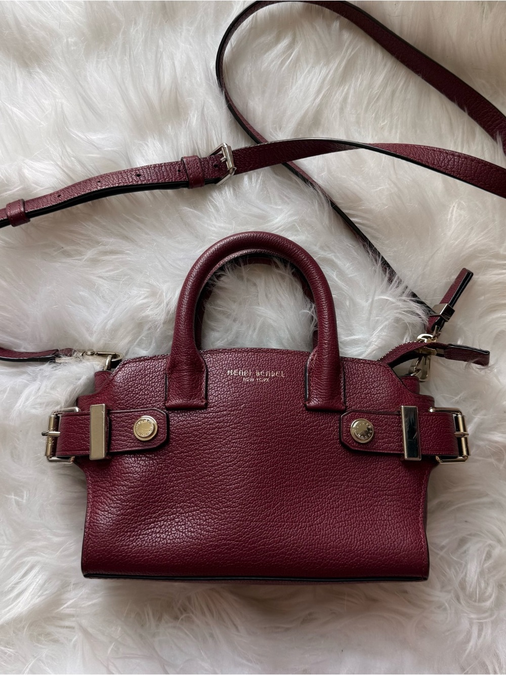 Henri Bendel Carlyle Micro Mini Satchel Burgundy Pebbled Leather